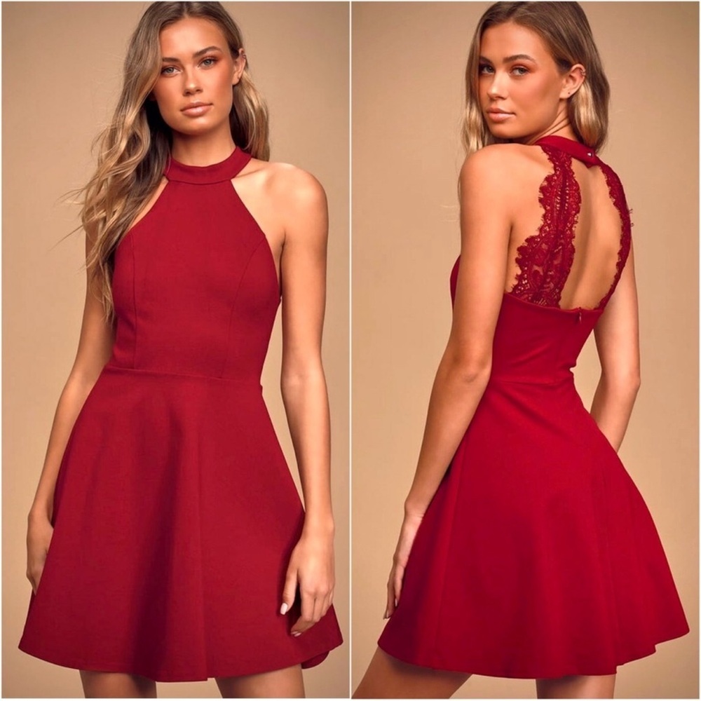 LULU’S Hometown Girl Wine Red Lace Skater Dress Women’s Small NWT NEW